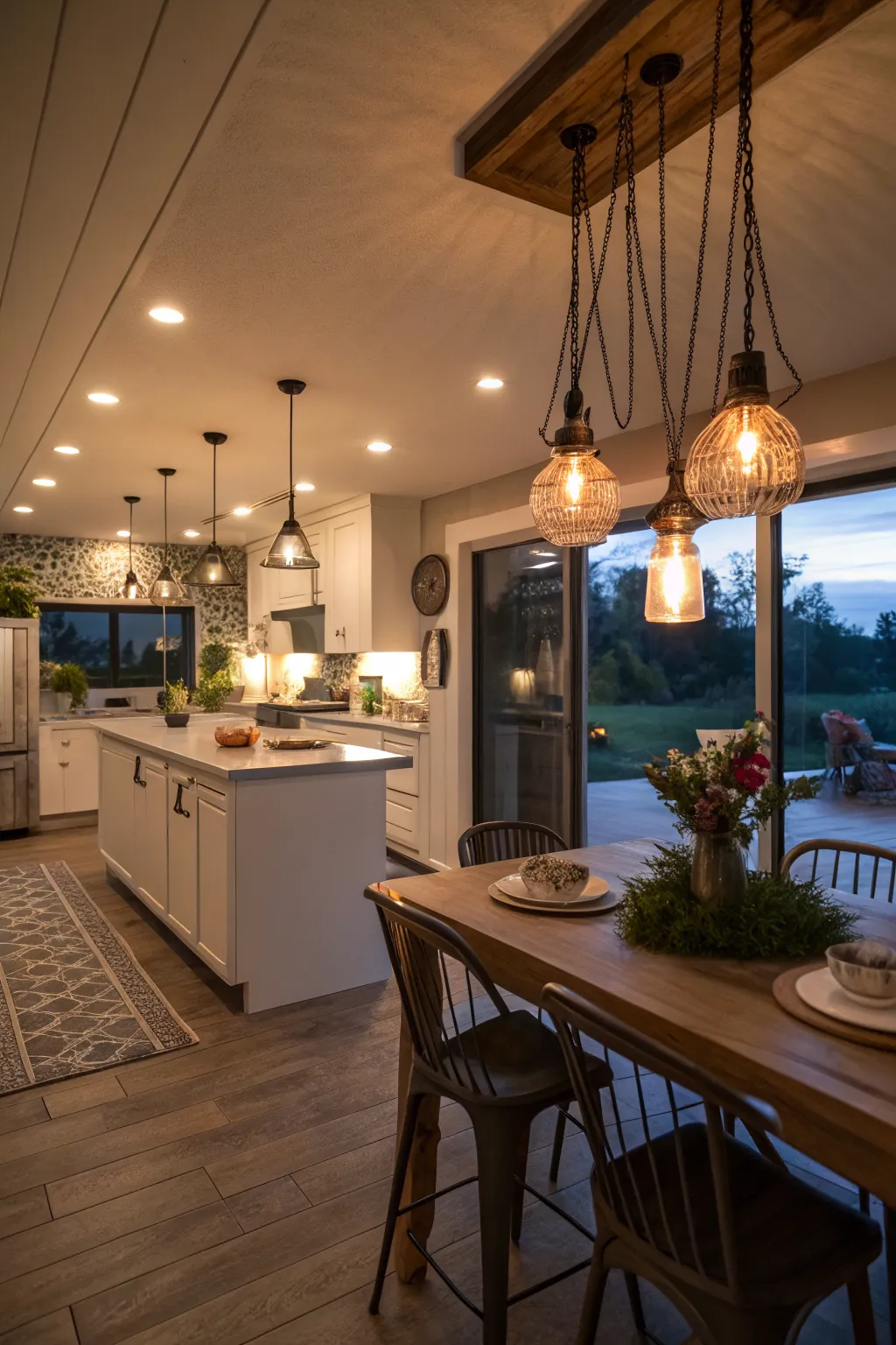 A Scandi-Boho kitchen at night featuring warm Edison bulb pendants and functional recessed ceiling lights.