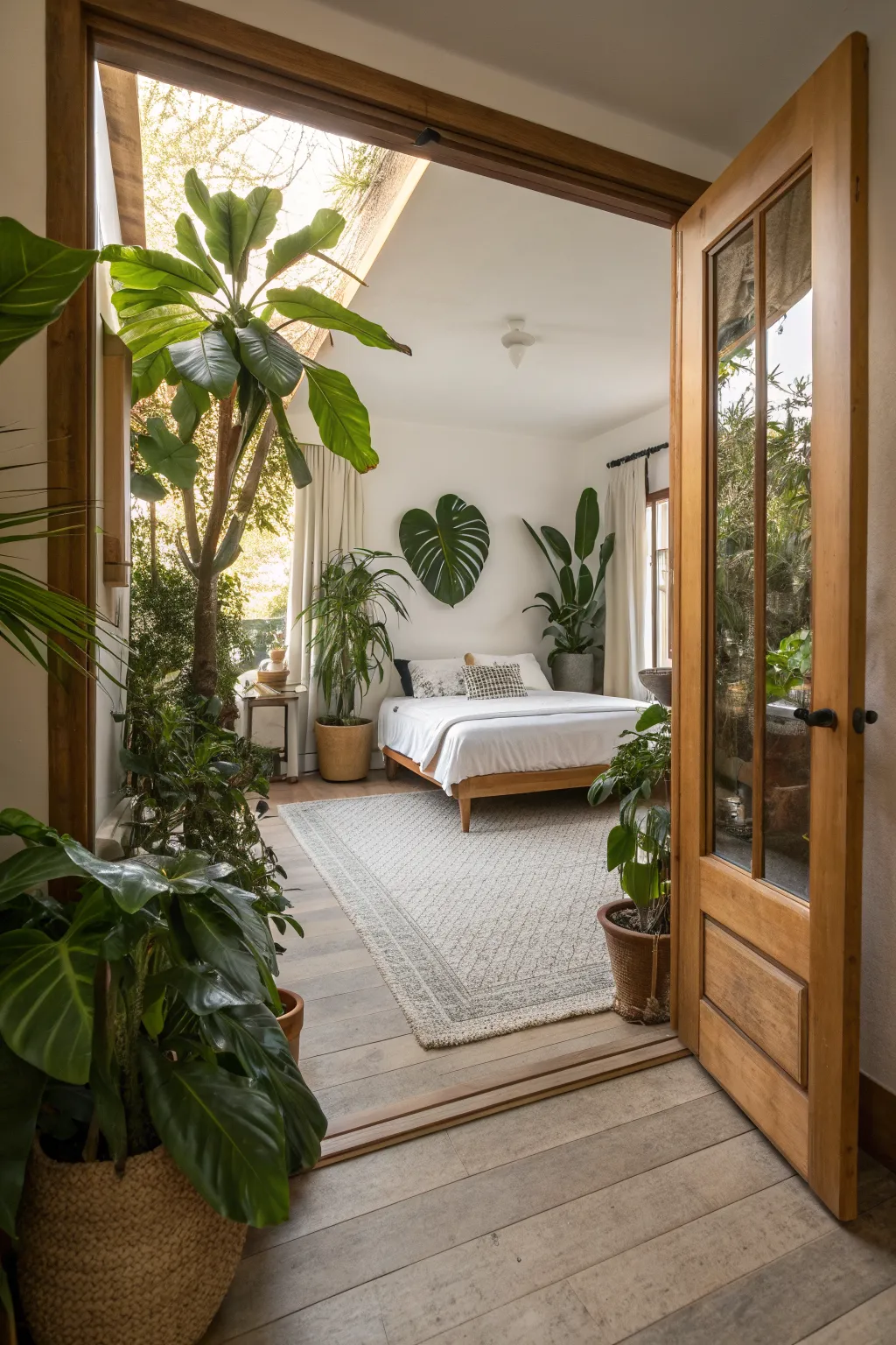 A cozy bedroom corner featuring a large Fiddle Leaf Fig in a woven rattan basket next to a sunlit window.