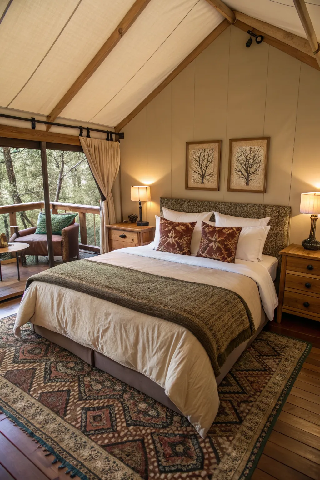 A warm bedroom with a bed featuring moss green and terracotta linen sheets under soft golden sunlight.