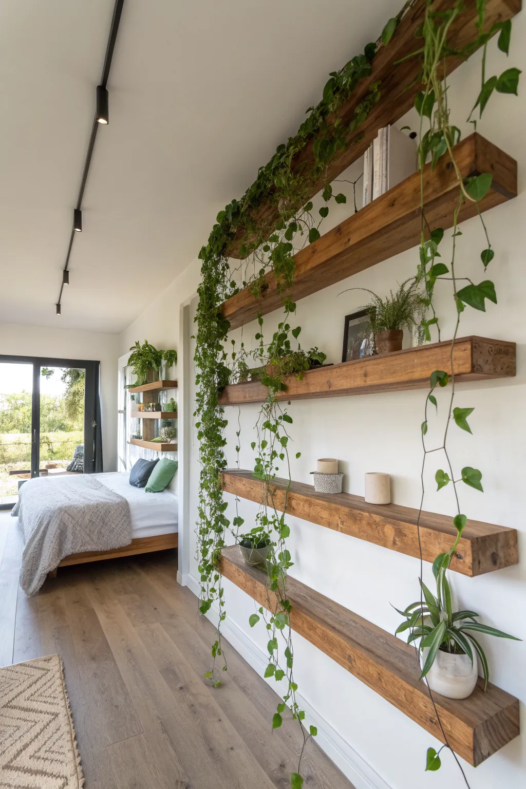 Raw wood floating shelves on a bedroom wall with long green ivy vines hanging down elegantly.