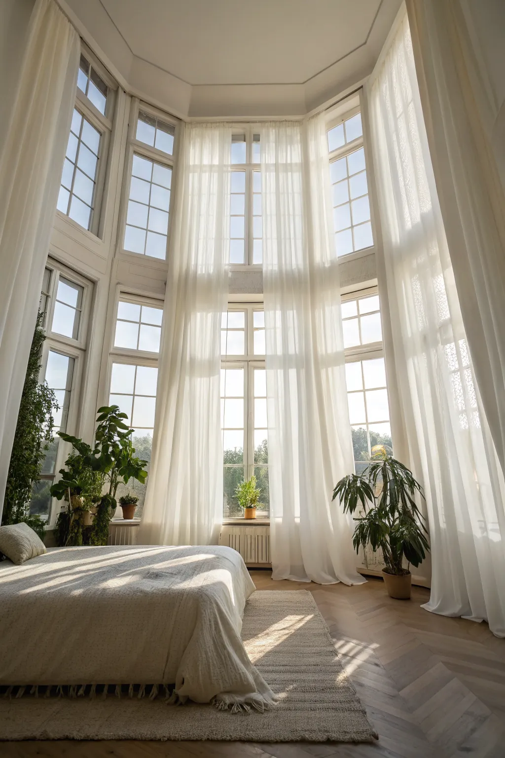 Bright bedroom with sheer white curtains filtering soft sunlight and creating a hazy, peaceful glow.