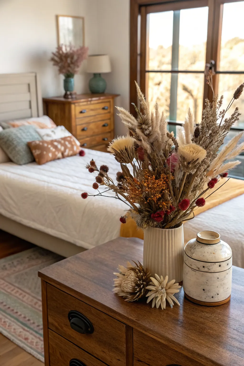 Dried eucalyptus and pampas grass in matte ceramic vases on a wooden dresser in a calm bedroom.