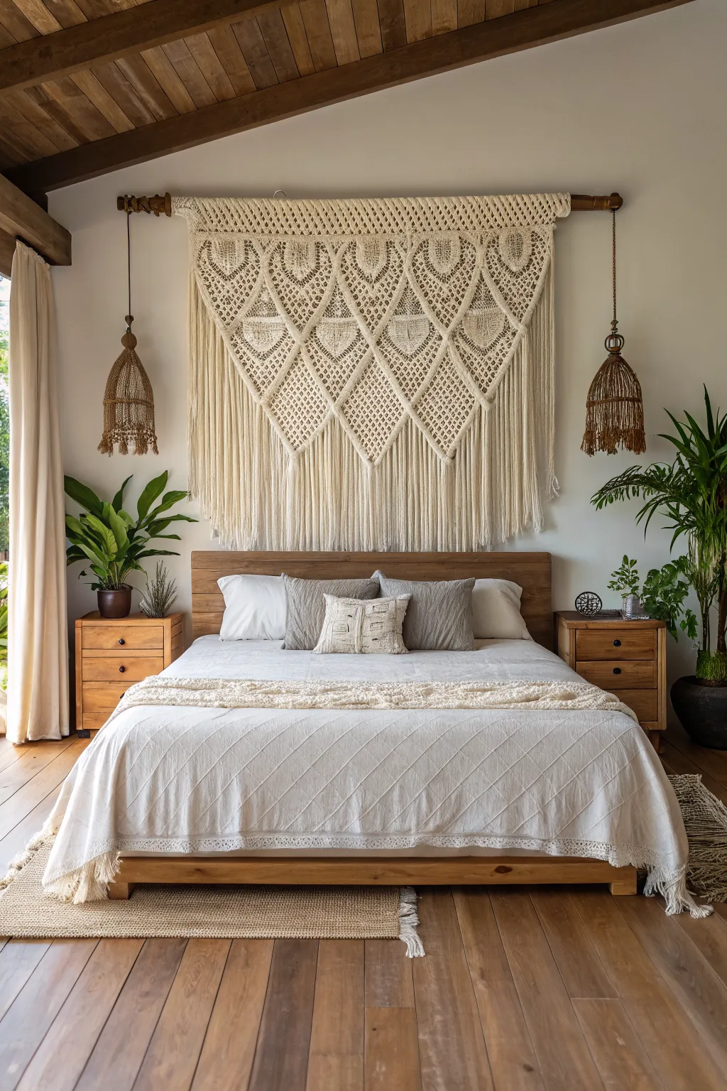 A large ivory macramé wall hanging above a bed in a cozy sage green bedroom with natural wood accents.