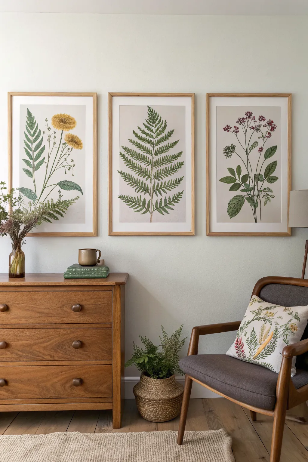 Three botanical fern prints in light wood frames hanging on a white bedroom wall above a wooden dresser.