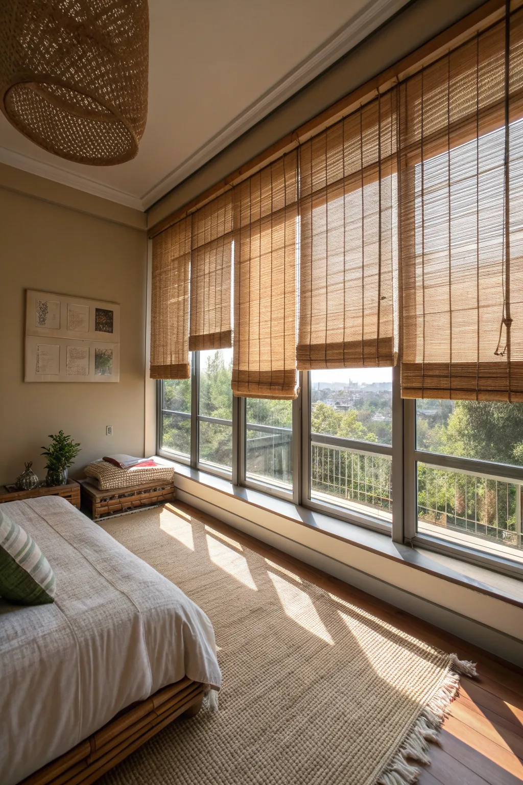 Bamboo roller blinds on a bedroom window casting linear shadows across a sunlit, natural-styled room.
