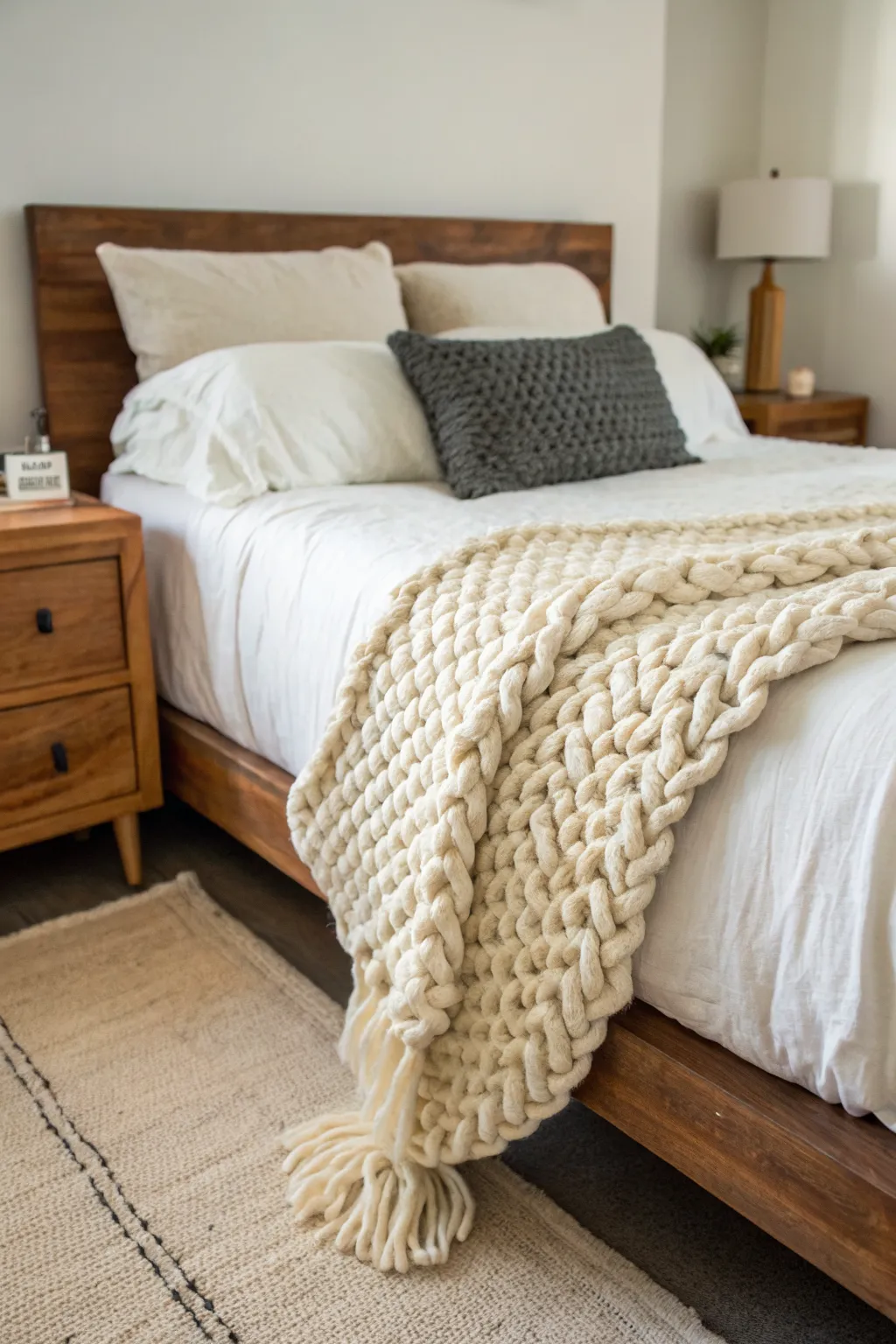 A thick, cream-colored chunky knit wool throw blanket draped over the foot of a cozy bed.