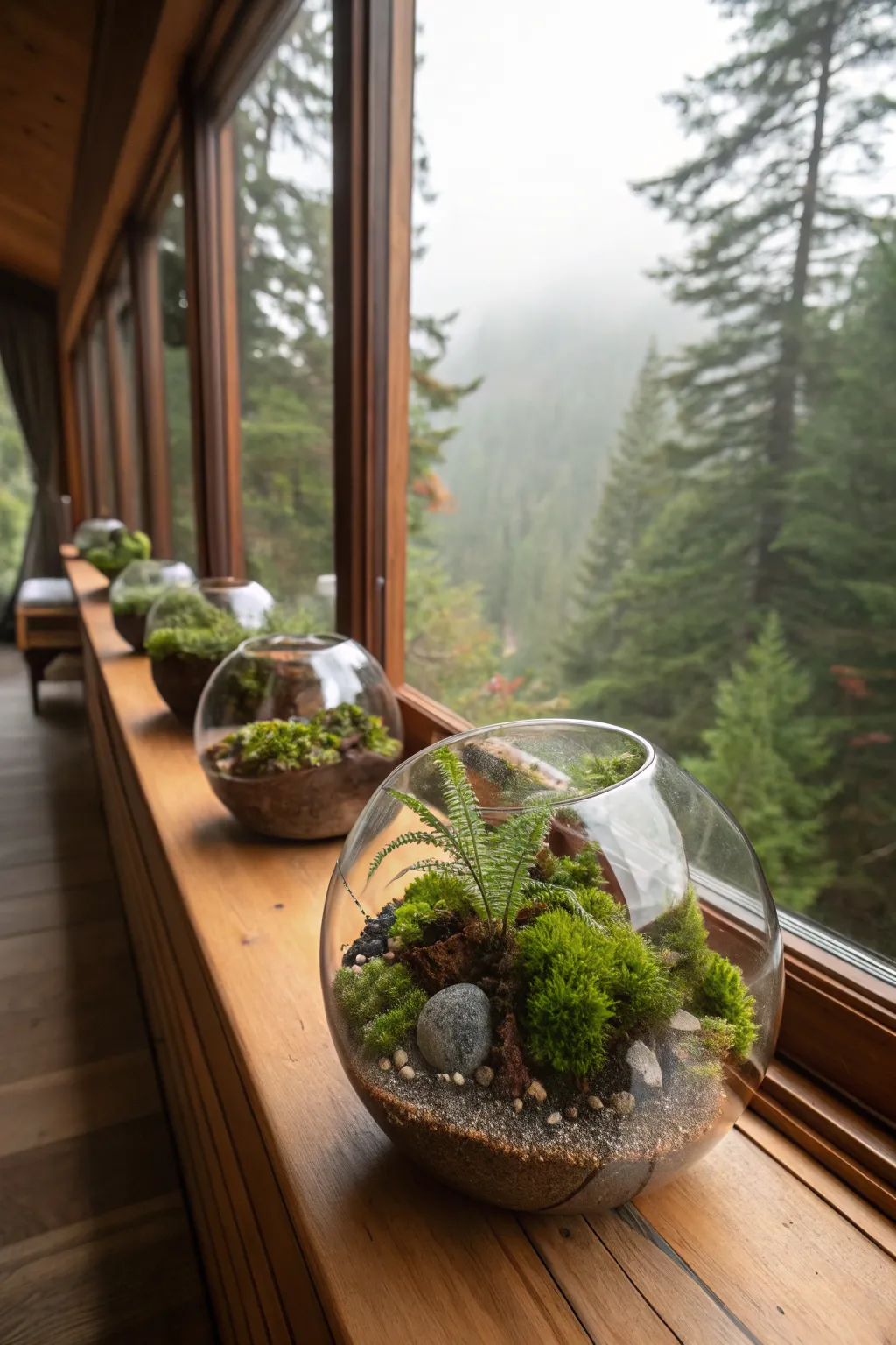 Small glass terrariums with ferns and moss sitting on a wooden windowsill in a cozy bedroom.