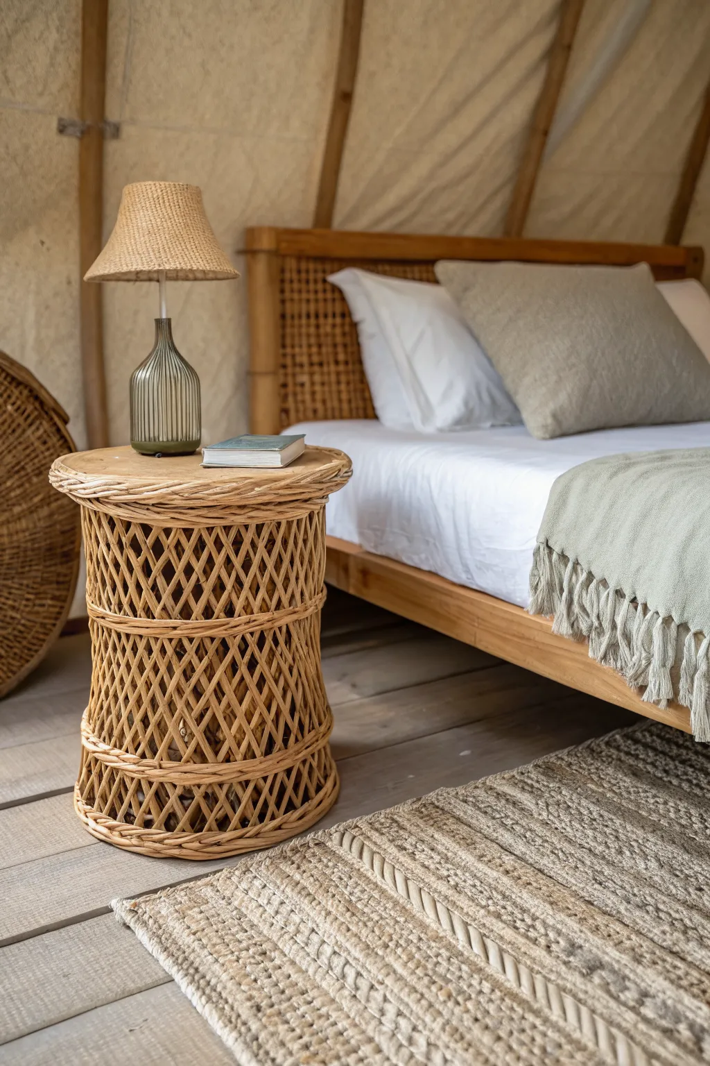 A handcrafted wicker side table next to a bed with linen sheets in a sunlit, cozy nature-themed bedroom.