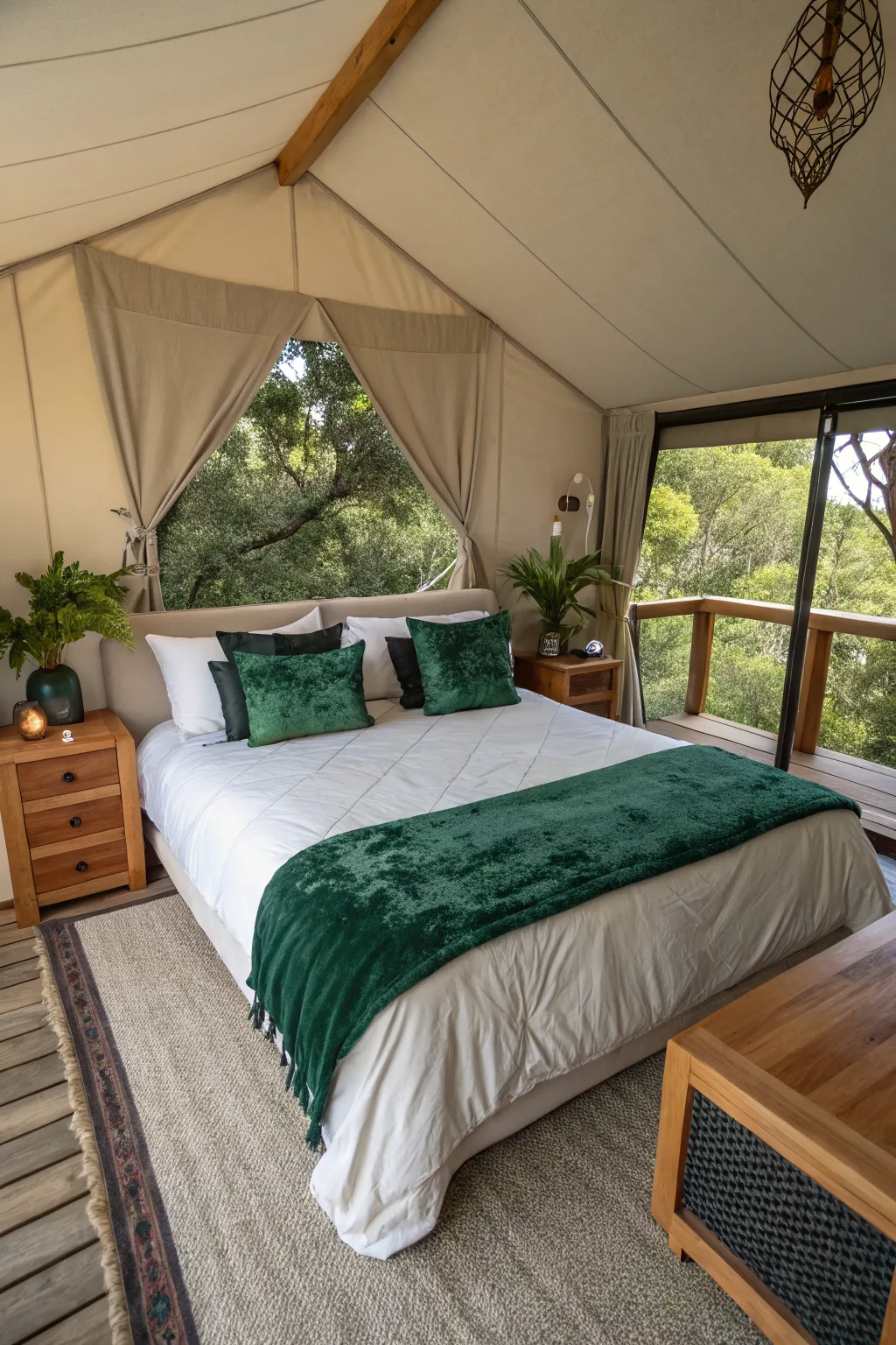 Deep forest green velvet pillows on a bed in a bright, wood-accented bedroom with a nature aesthetic.