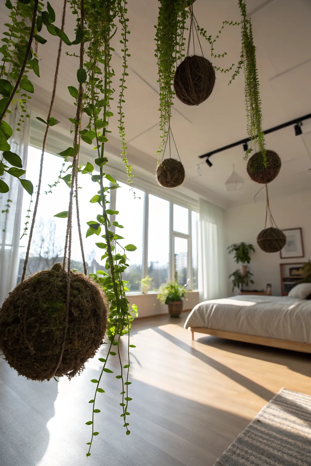 Hanging Kokedama moss balls suspended from the ceiling in a bright, airy nature-themed bedroom.