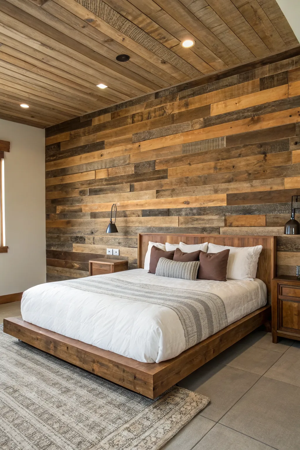 A bedroom with a large reclaimed wood accent wall, warm lighting, and a cozy rustic atmosphere.