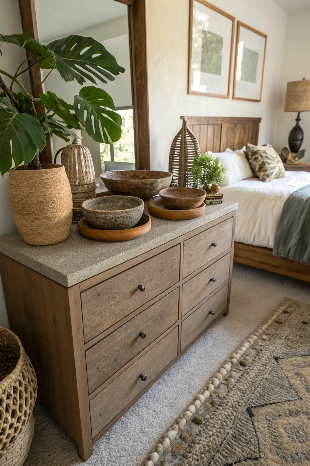 Stone coasters and clay bowls on a wooden dresser in a warm, earthy-toned boho bedroom.