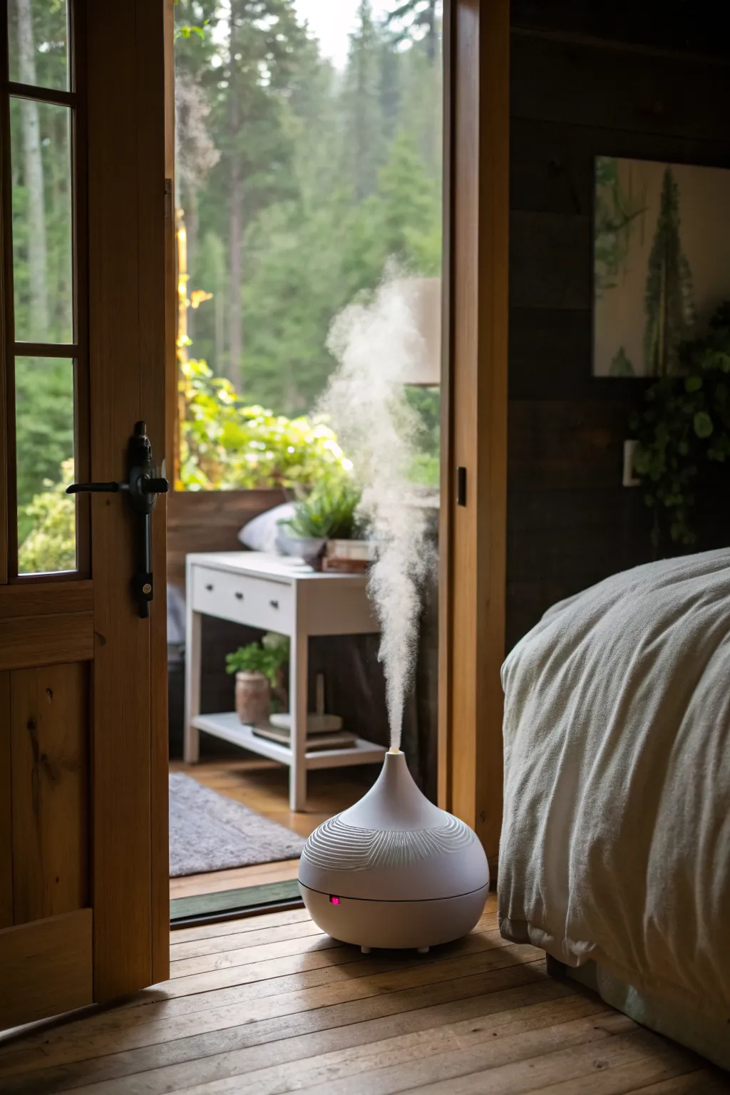 An essential oil diffuser emitting a soft mist in a peaceful, sage green nature-themed bedroom.