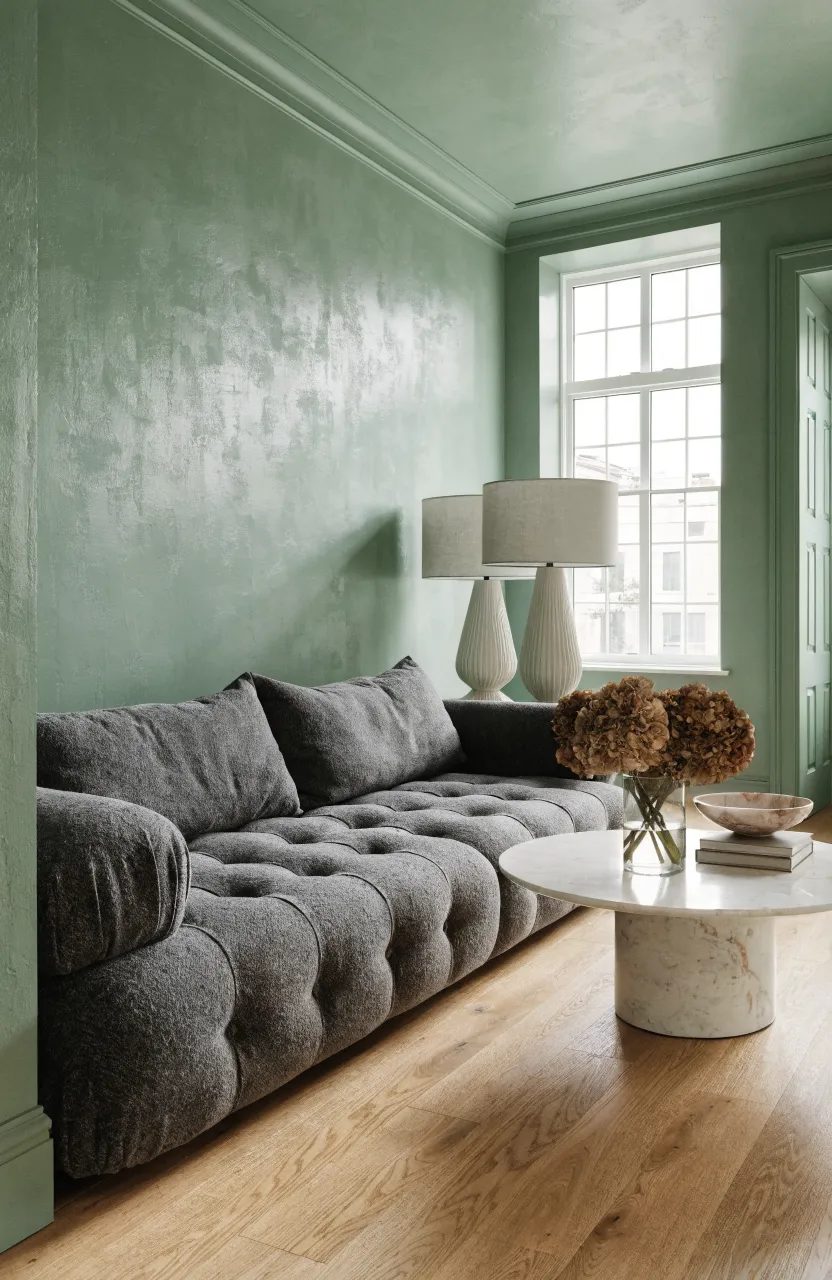 A modern living room with soft sage green walls and a large charcoal grey sofa on oak floors.