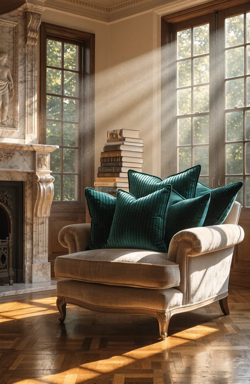 Deep emerald green velvet pillows resting on a cream chair in a sunlit, luxurious living room.