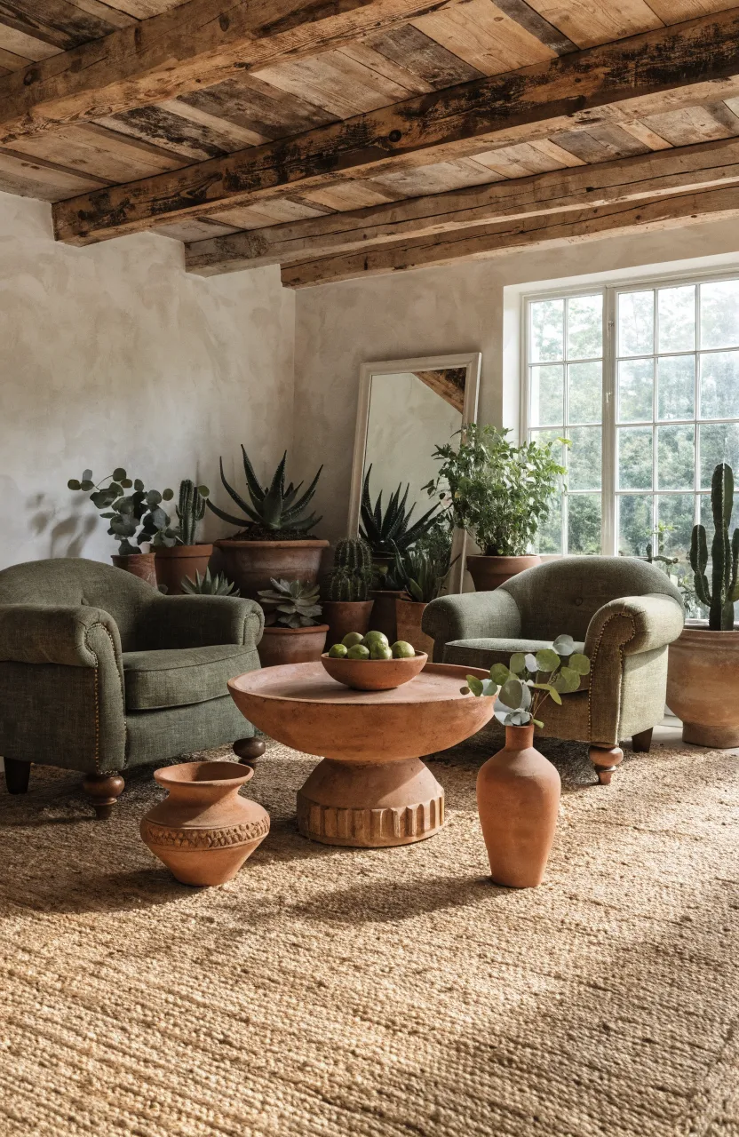 A textured jute rug under olive green chairs in an earthy, organic style living room.