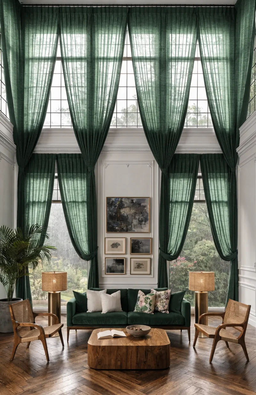 Tall forest green linen curtains hanging from ceiling to floor in a bright, stylish living room.