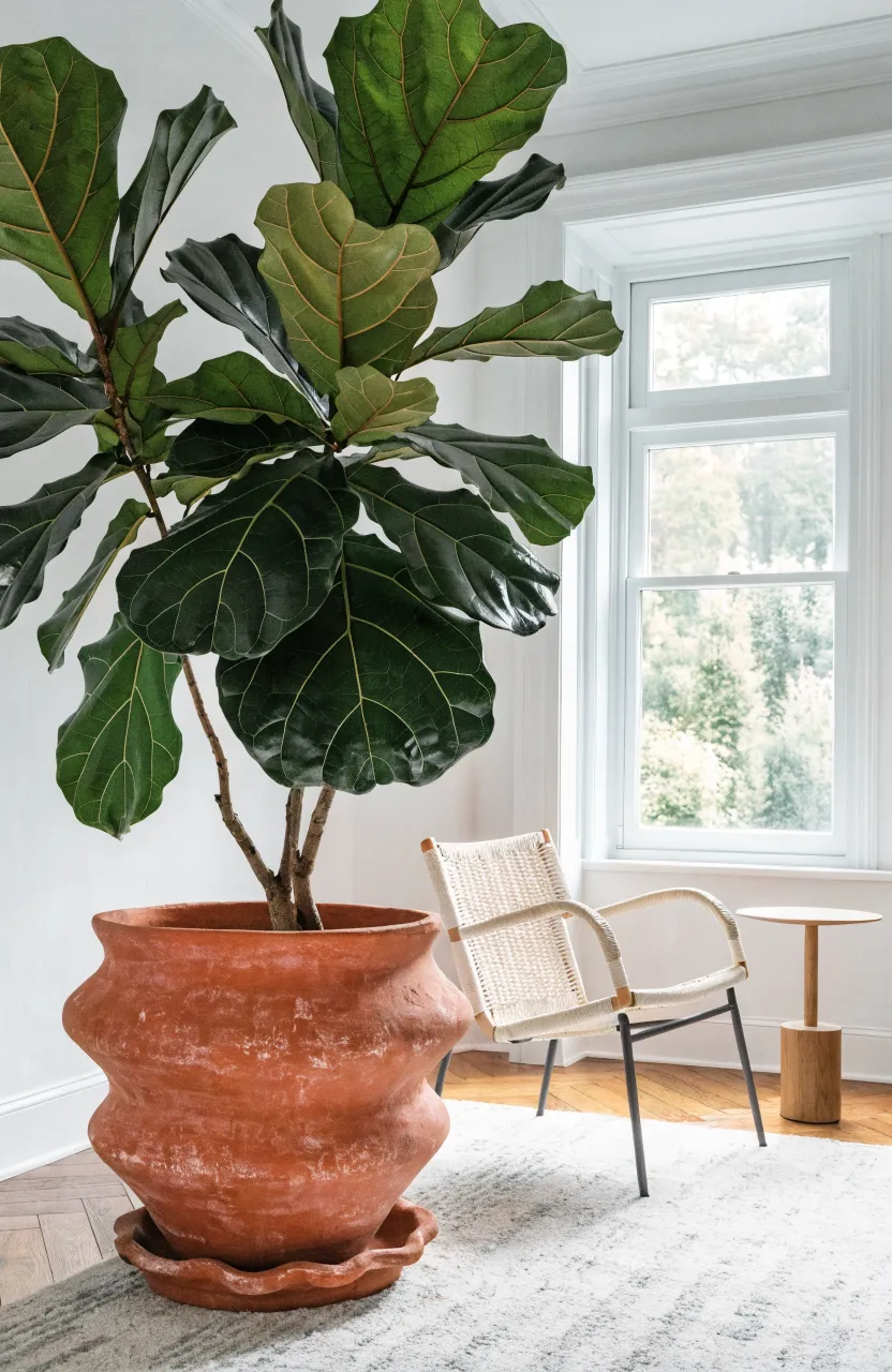 A large Fiddle Leaf Fig plant in a terracotta pot in the corner of a bright green living room.