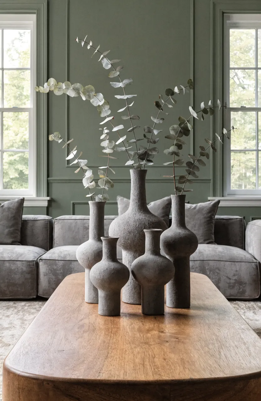 Matte grey vases with dried eucalyptus on a coffee table in a minimalist green living room.