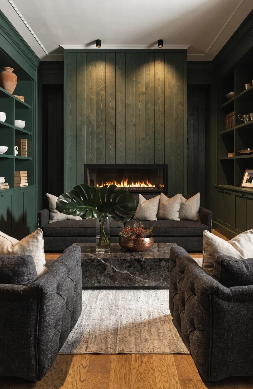 A dark moss green vertical wood paneled accent wall in a cozy, modern living room.