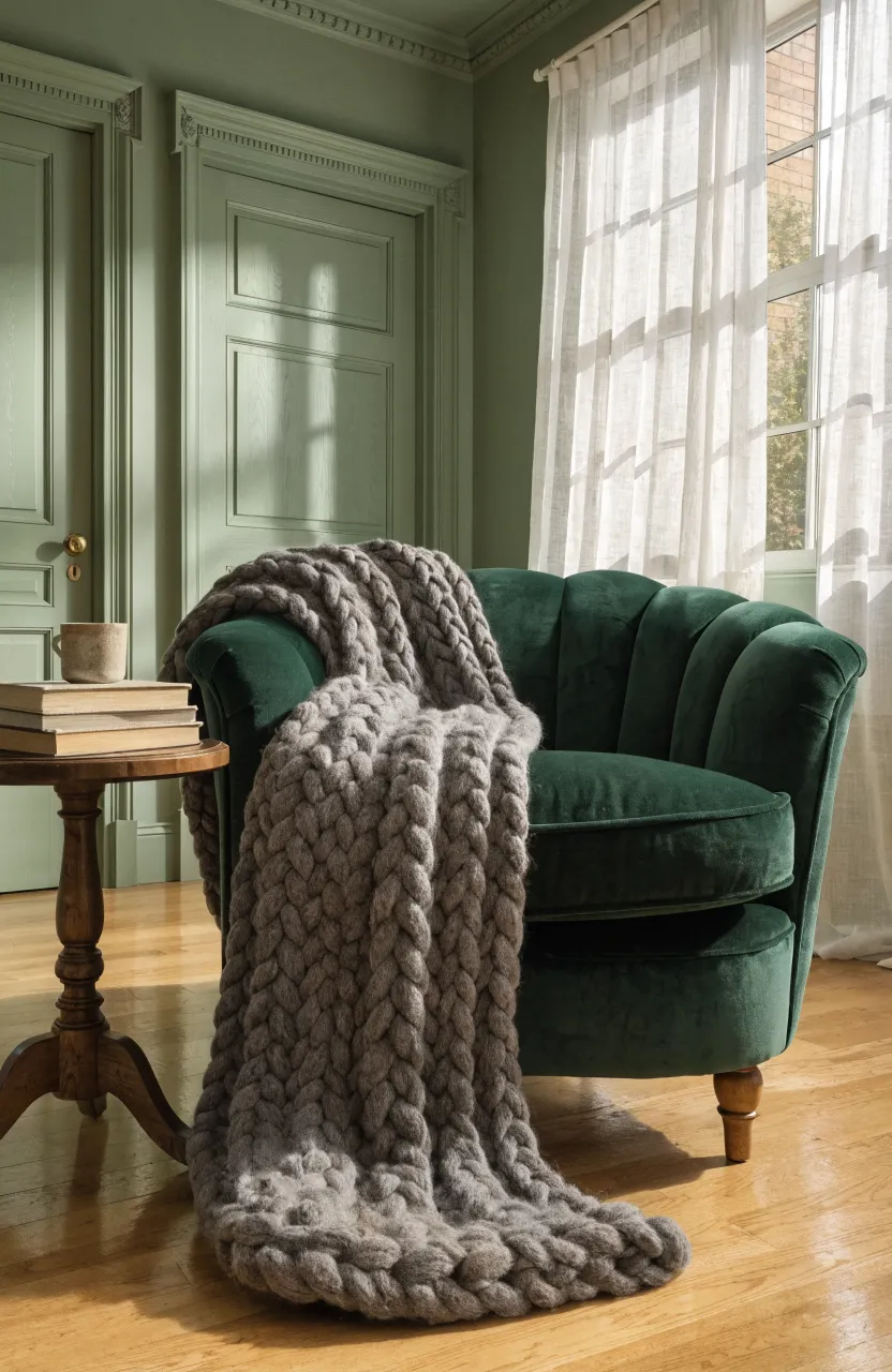 A chunky grey braided wool blanket draped over a forest green velvet armchair in a cozy room.