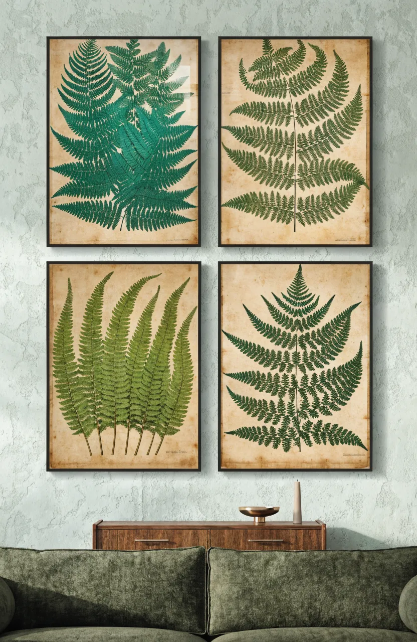A grid of four botanical fern illustrations in black frames on a pale green living room wall.