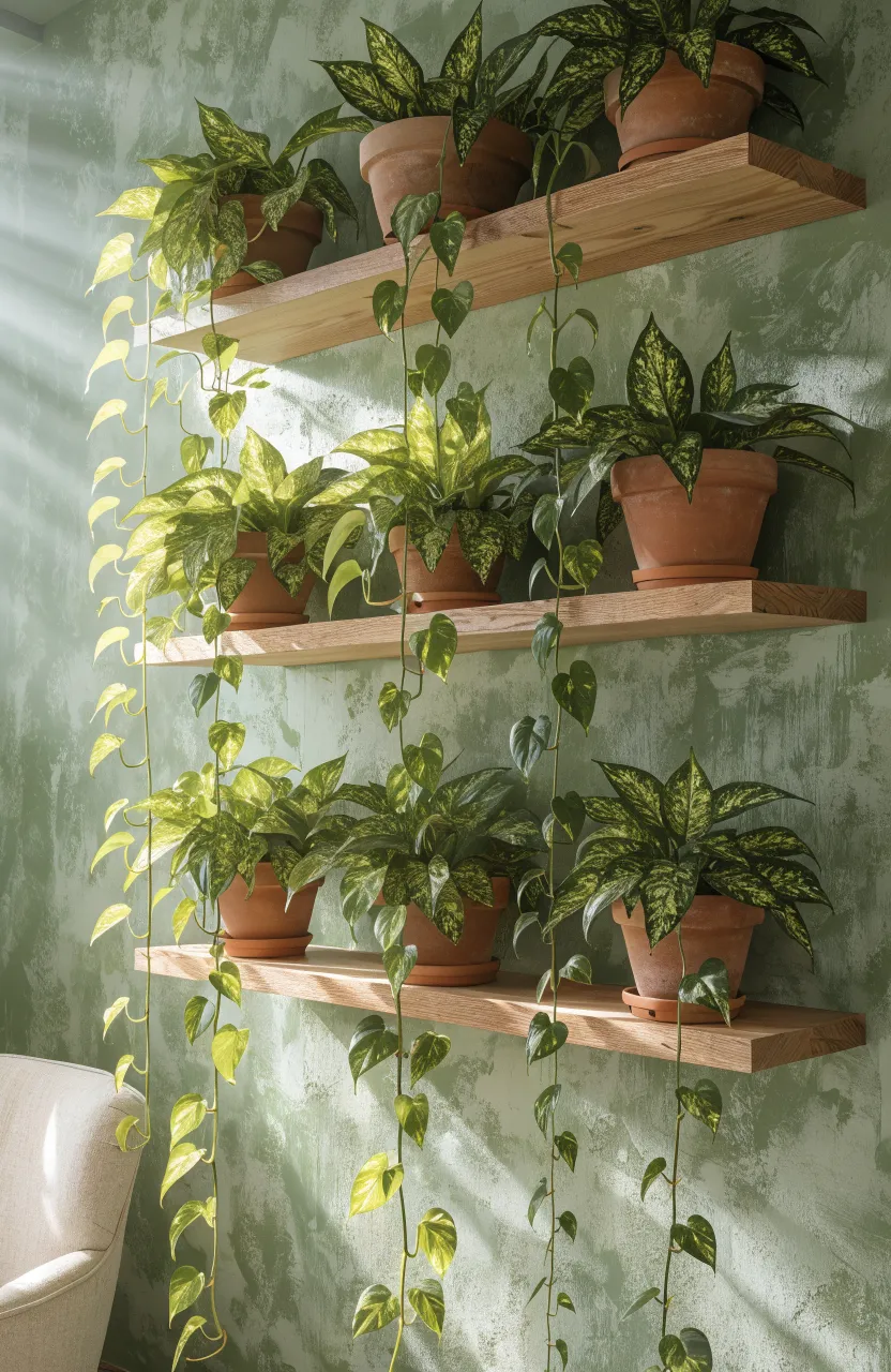 Trailing pothos plants hanging from floating oak shelves against a green living room wall.