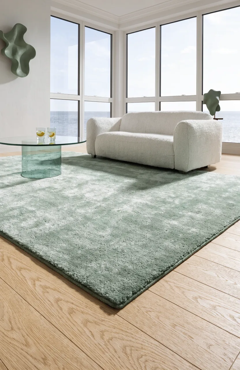 A soft seafoam green area rug on light wood floors in a bright, modern living room.