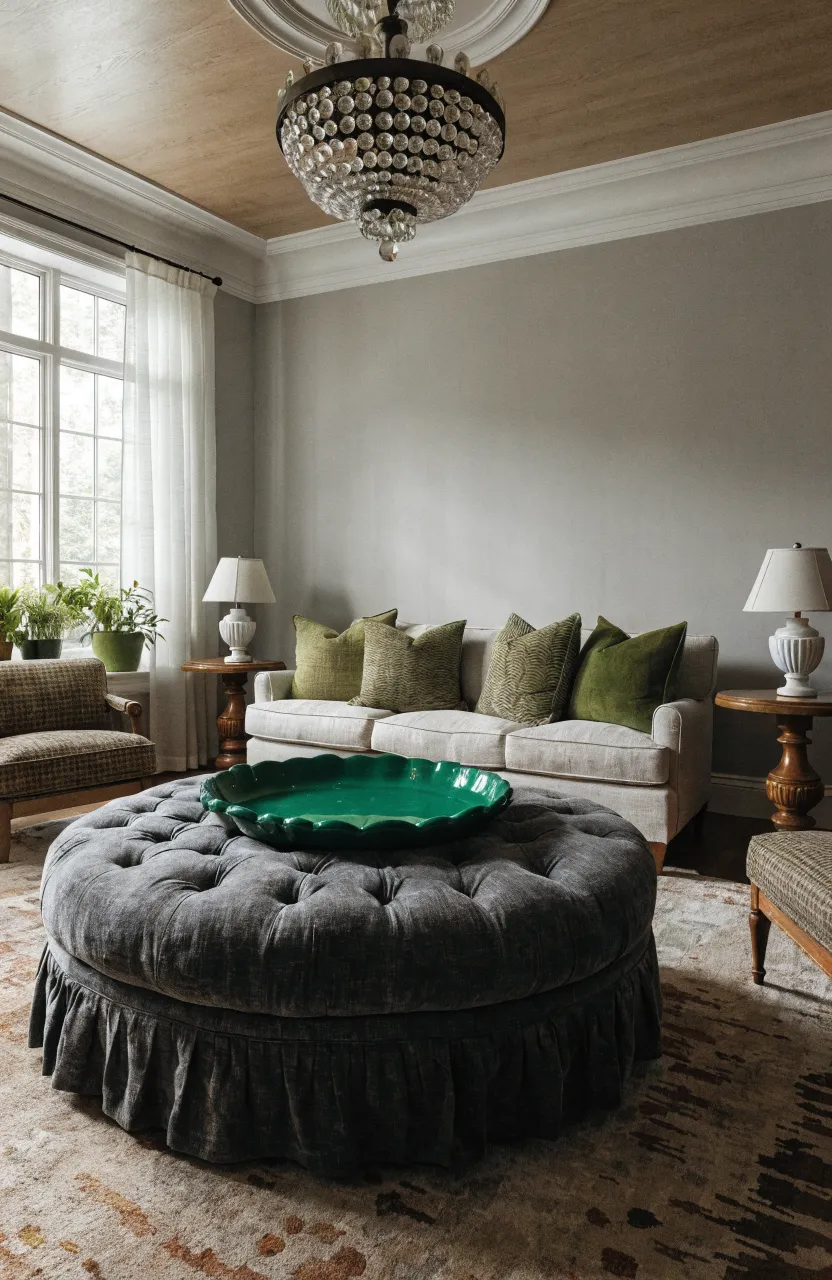 A cozy living room featuring a charcoal grey ottoman with a moss green tray in the center.