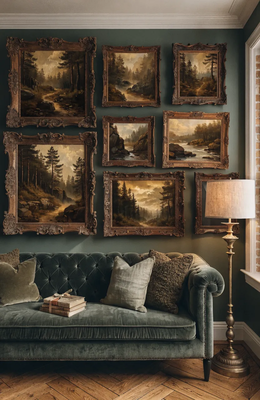 Vintage oil paintings of pine forests hanging on a sage green wall in a traditional living room.