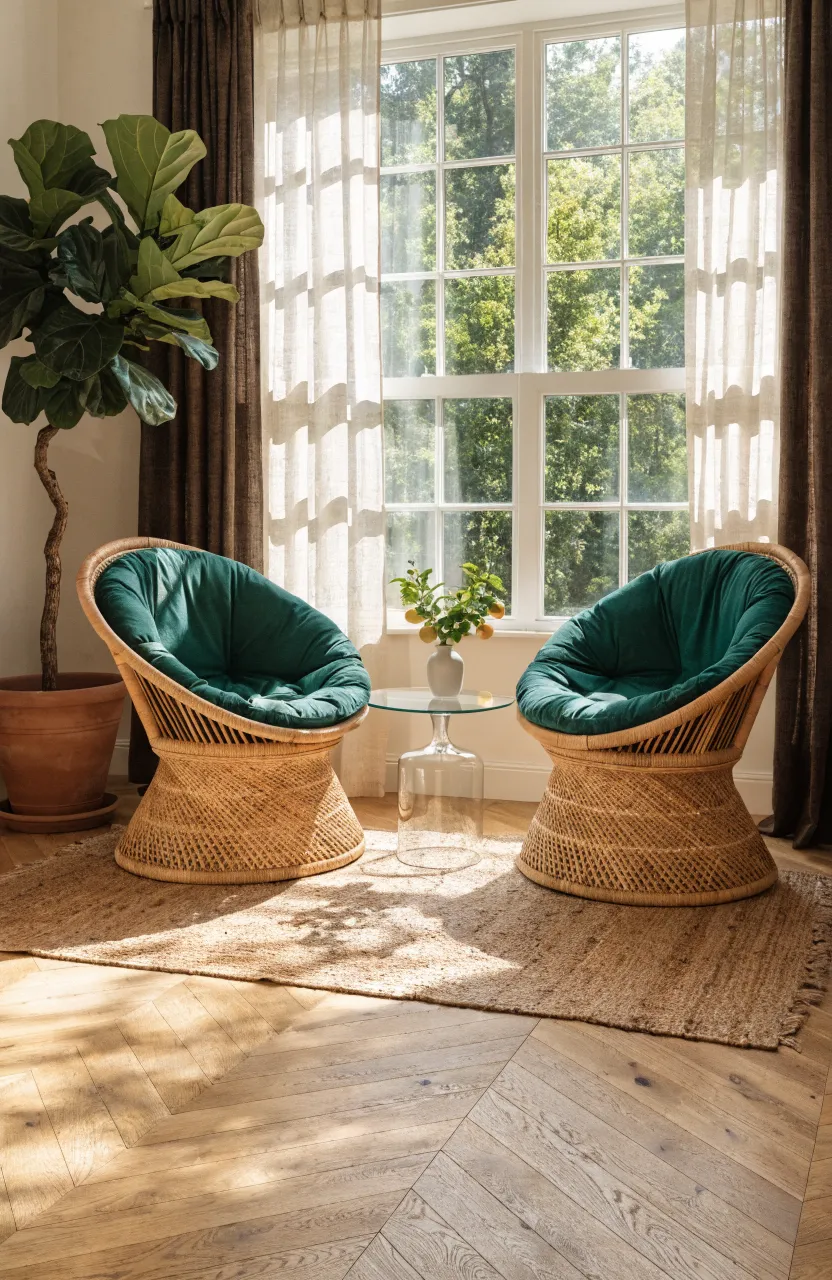 Two rattan armchairs with dark green cushions in a bright, plant-filled living room.