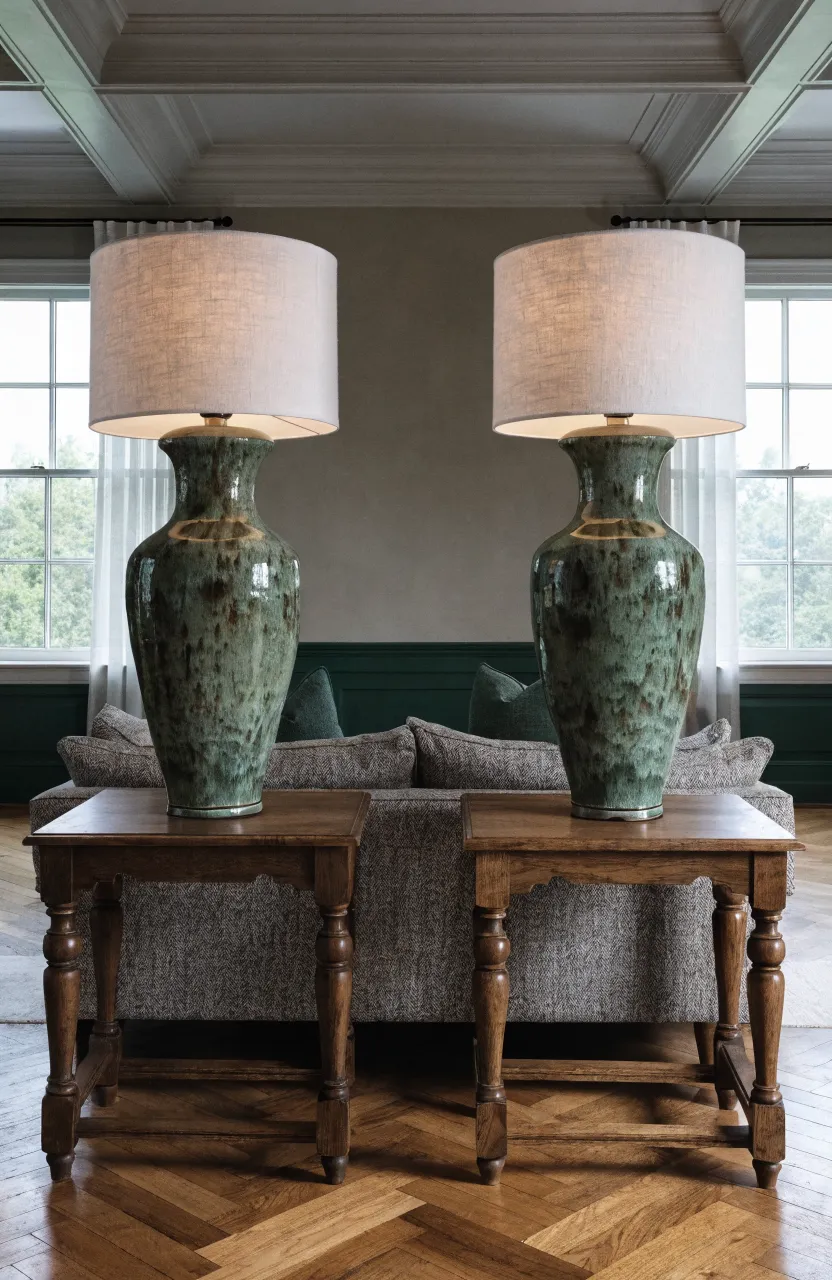 Elegant celadon green ceramic lamps on side tables in a well-lit living room.