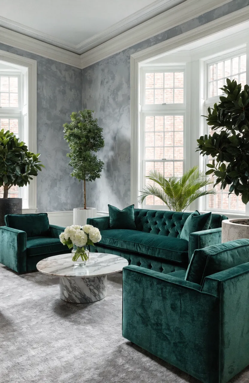 A living room with warm grey walls, white molding, and forest green furniture.