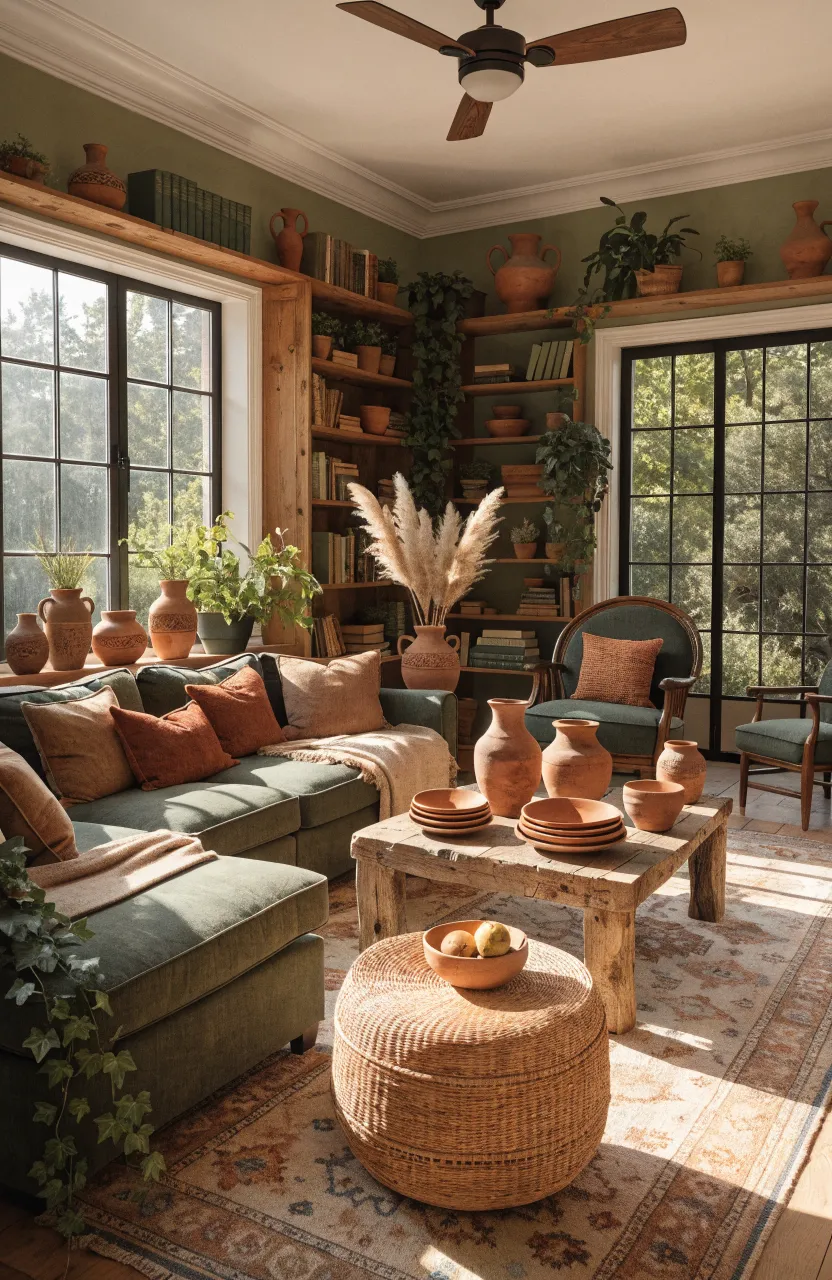 Terracotta vases and bowls providing warm accents in a green-themed living room.