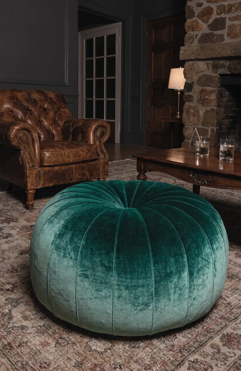 A rich forest green velvet pouf used as extra seating in a cozy living room.