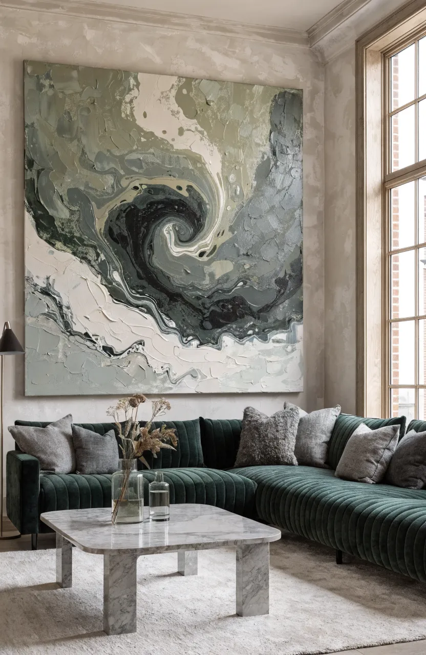 A modern living room featuring a large sage and grey abstract painting above a green velvet sofa.