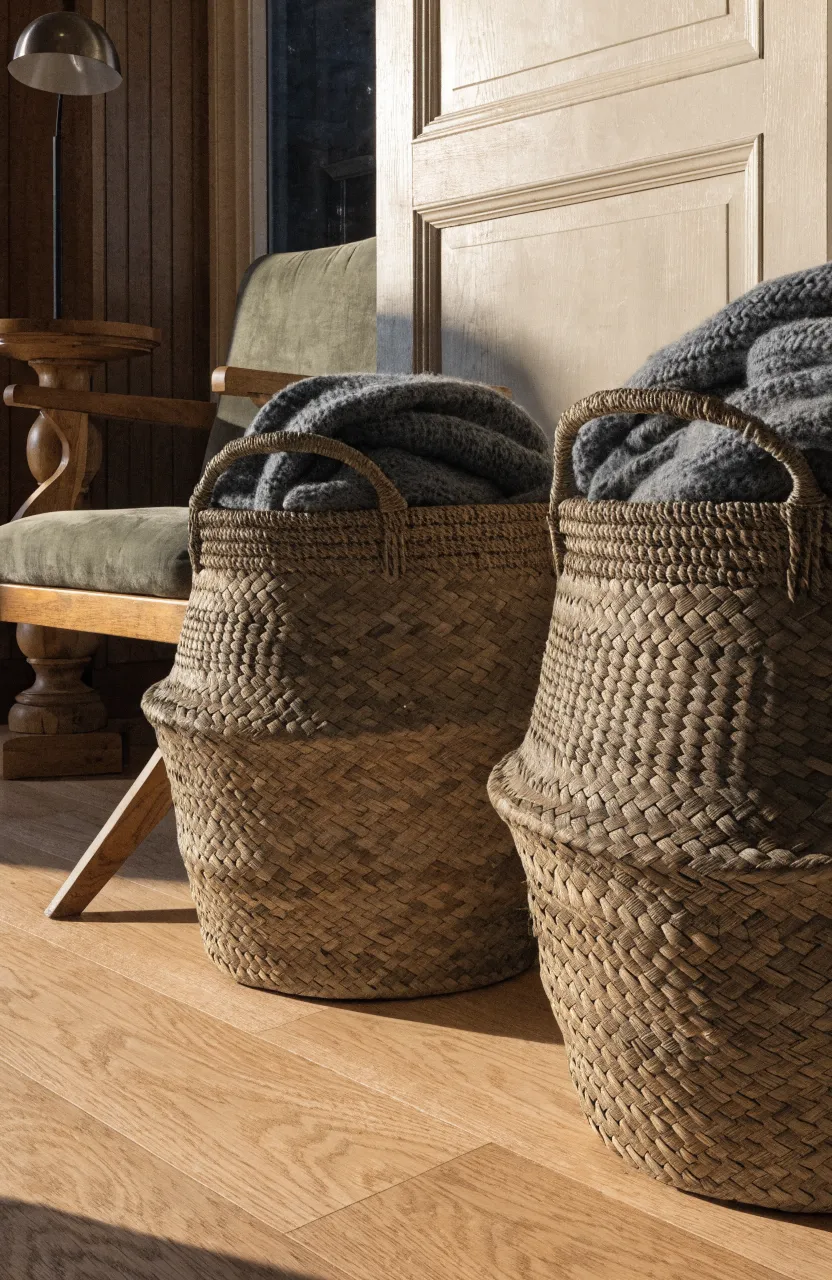 Woven seagrass baskets filled with grey blankets in the corner of a cozy green living room.