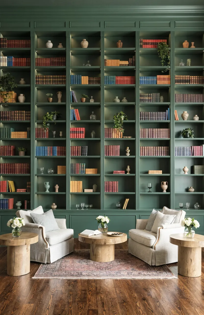 Large built-in bookshelves painted soft eucalyptus green in a well-lit living room.