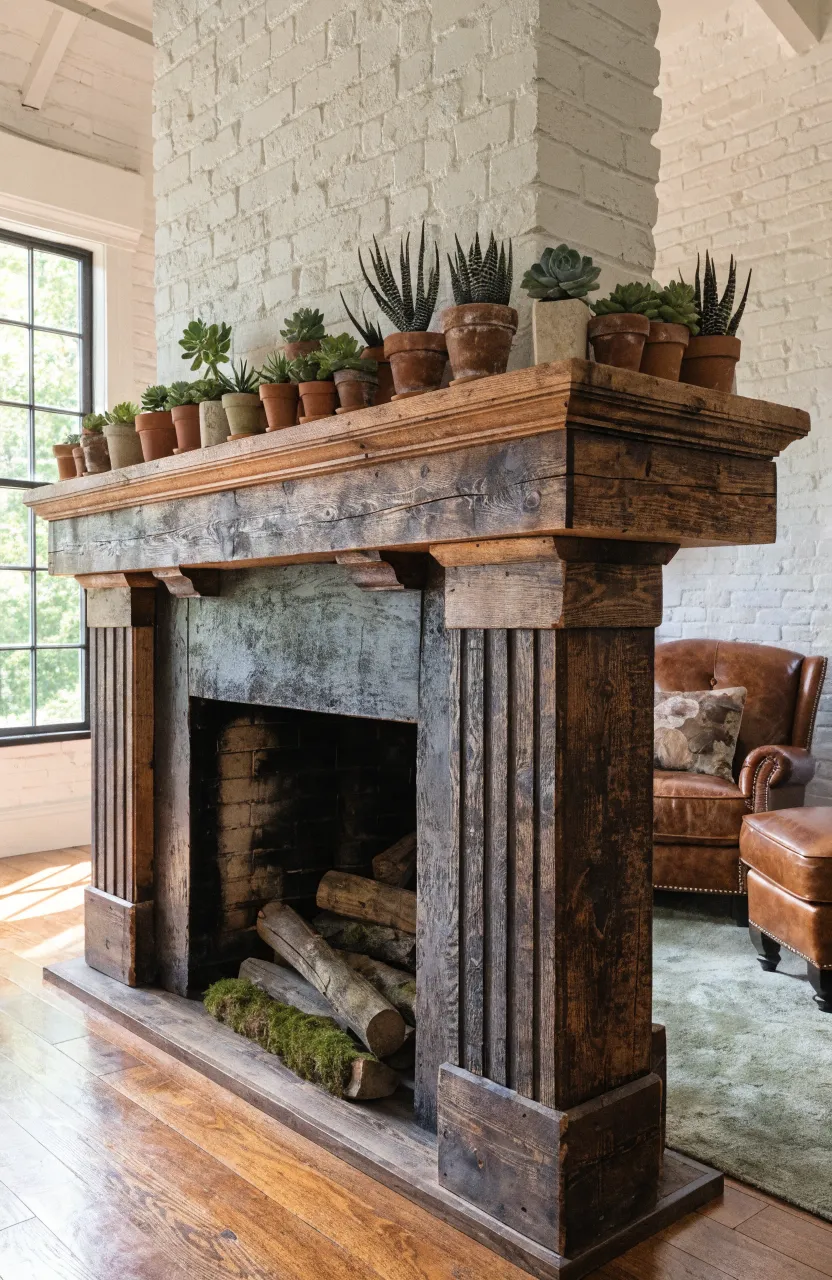 A rustic reclaimed wood mantel topped with various green succulents in a cozy room.