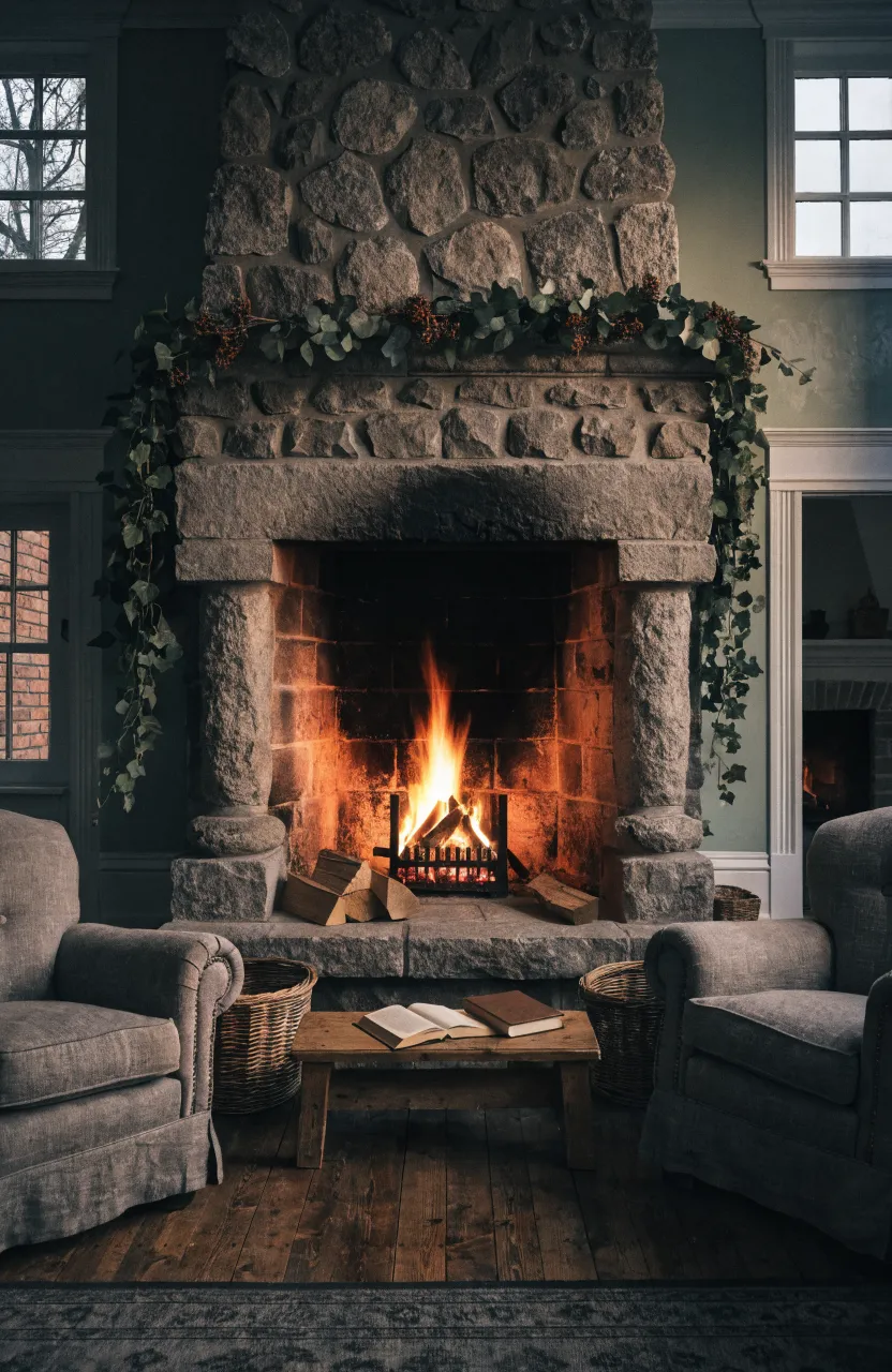 A grey stone fireplace decorated with a long green eucalyptus garland in a cozy setting.