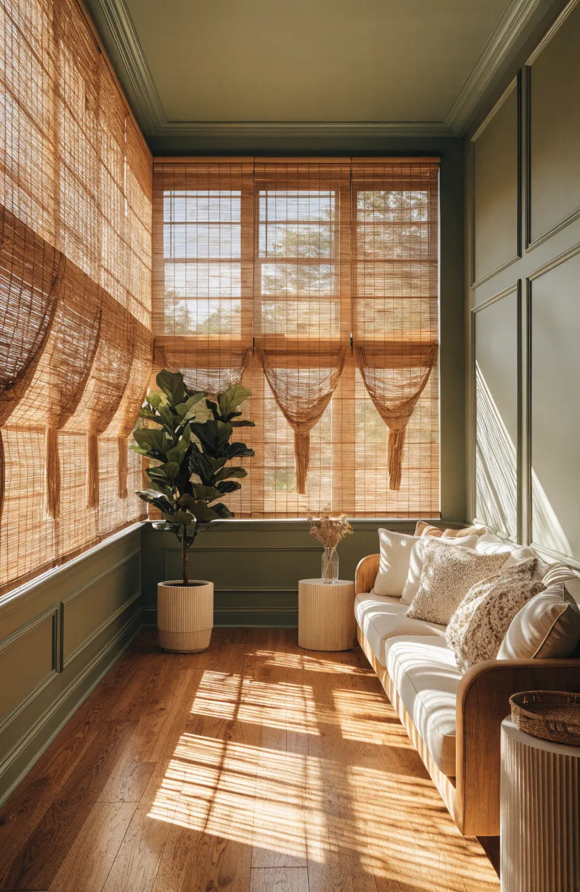 Natural bamboo blinds filtering sunlight into a cozy living room with olive green walls.