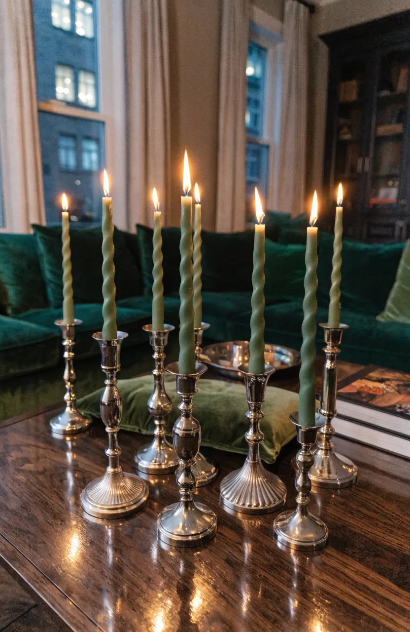 Pistachio green taper candles in silver holders on a table in a cozy green living room.