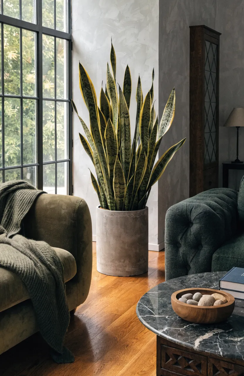 A tall snake plant in a grey concrete pot stands in a bright, modern green and grey living room.