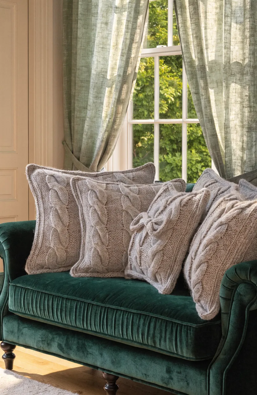 Light grey cable knit pillows resting on a plush dark green velvet sofa in a cozy room.