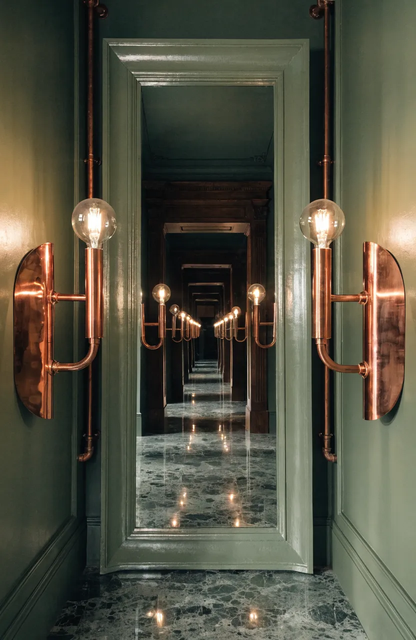 A large green-framed mirror on a dark wall flanked by two glowing copper wall sconces.