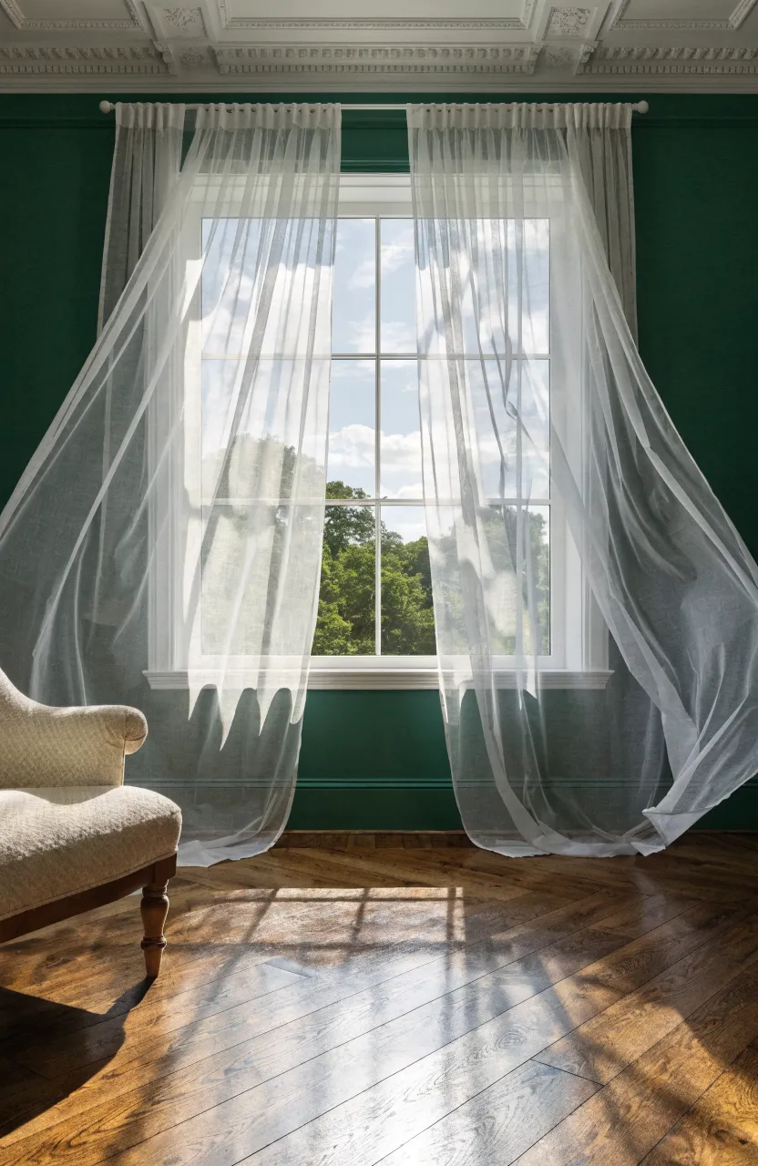 Soft white sheer curtains hanging against a dark green wall, letting in bright natural light.