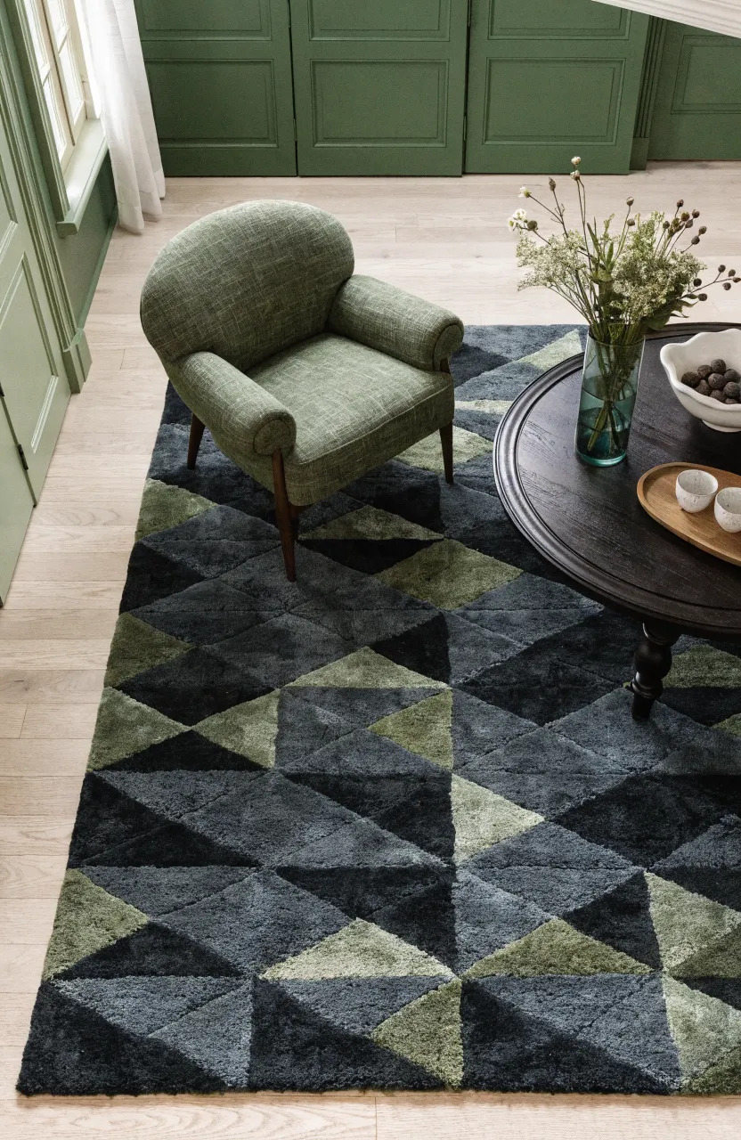 A large wool rug with a grey and green geometric pattern on a light wood floor in a living room.