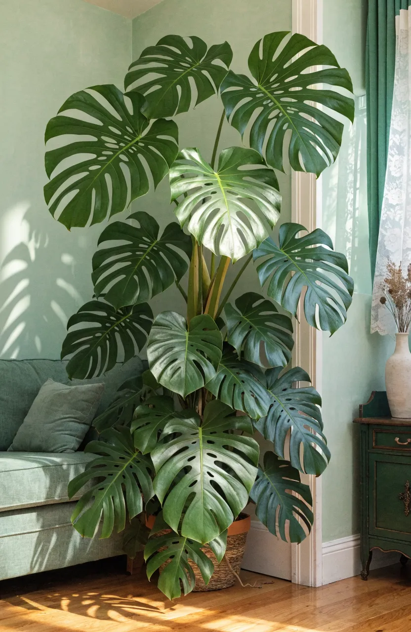 A large, healthy Monstera plant with giant green leaves in the corner of a sunlit living room.