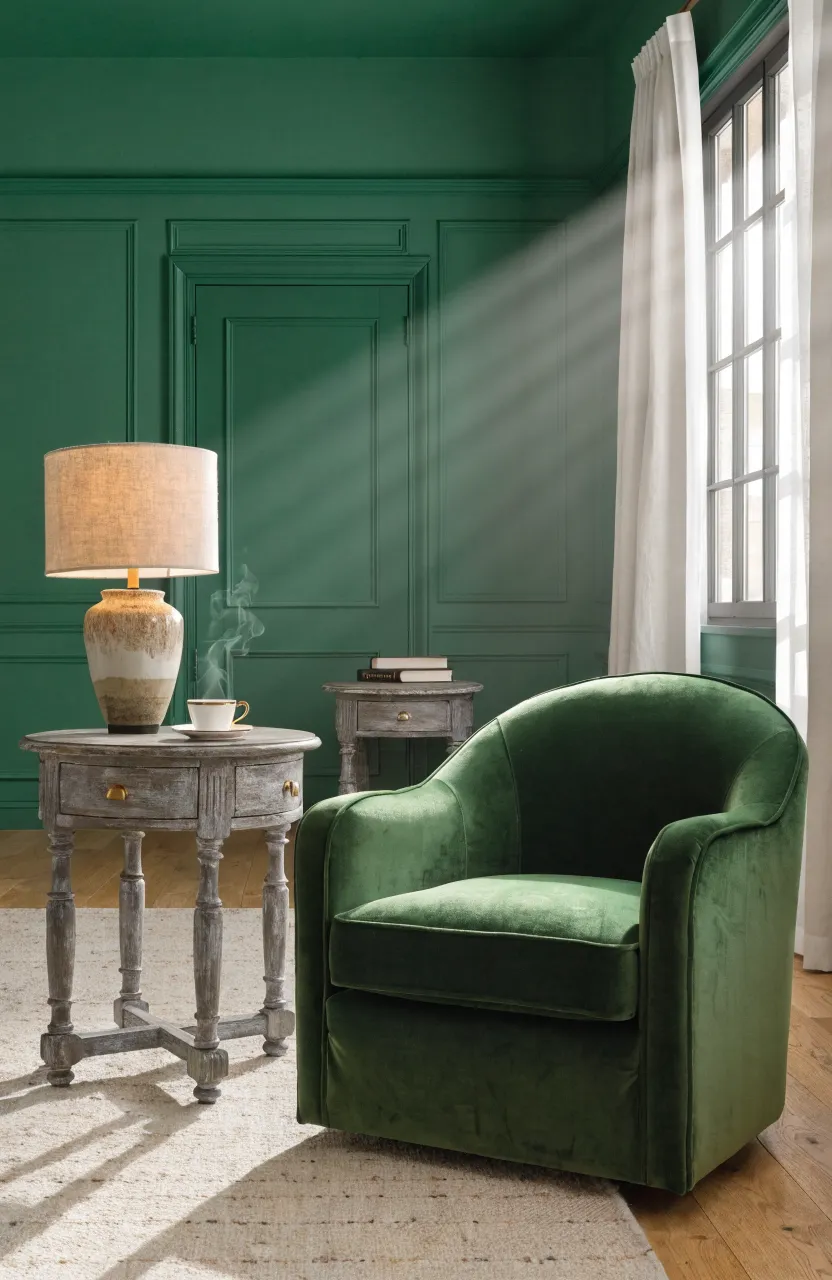 A cozy green living room featuring a distressed grey wood side table with brass knobs next to a velvet chair.