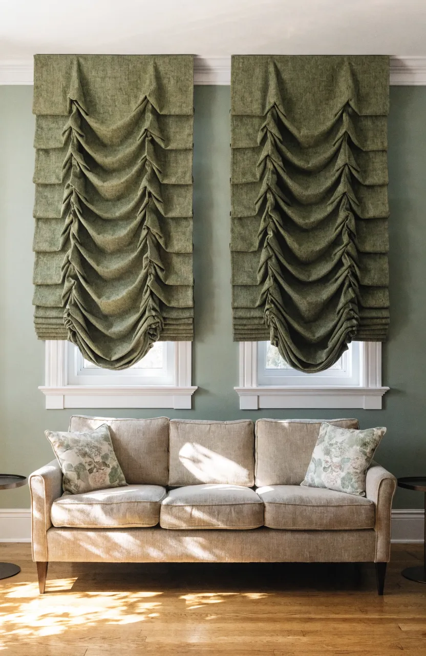 Olive green Roman shades with structured folds on small windows in a bright green living room.